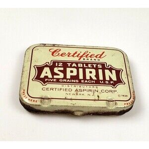 Vintage 1939 Certified Aspirin Medicine Tin Box Only Empty Newark NJ